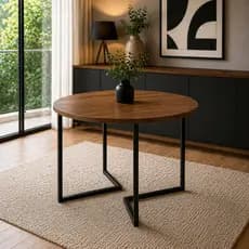 Mesa de Jantar Industrial Redonda 110cm Tampo de Madeira Base V para Sala de Estar e Cozinha