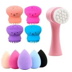 Kit Esponja Polvo Limpeza Facial + 03 Esponja Gota Maquiagem + Escova Facial 2 em 1 Limpeza Rosto Coloridos Sortidos