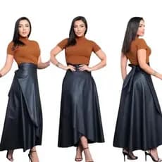 Saia Midi Longa Feminina Envelope Courino Fake Saia Preta Transpassada