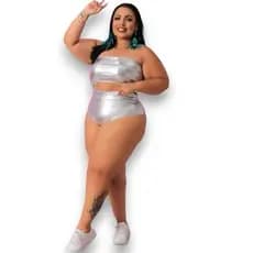 Hot Pant Conjunto Carnaval Metalizado Feminino Top + Shortinho Tamanho PLUS SIZE