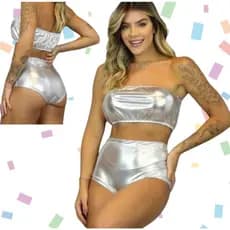 Conjunto Carnaval Hot Pant Metalizado Feminino Top + Short Cintura Alta Cirrê