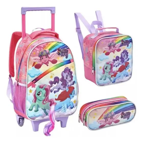 Kit Mochila Rodinhas Unicórnios Poney Lancheira Estojo Escolar Menina Seanite