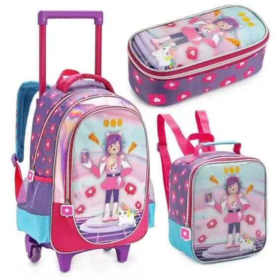 Kit Mochila Rodinhas Lancheira Estojo Duplo Game PKXD Infantil Escolar Meninas Denlex