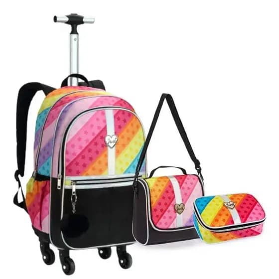 Kit Mochila Rodinhas Escolar Lancheira Térmica Estojo Box Just Love Denlex