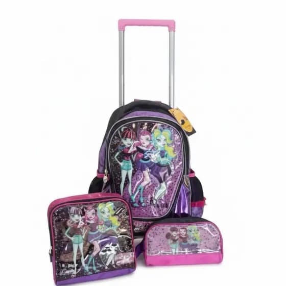 Kit Mochila Rodinhas Lancheira Estojo Duplo Monster High Infantil Escolar Meninas Denlex