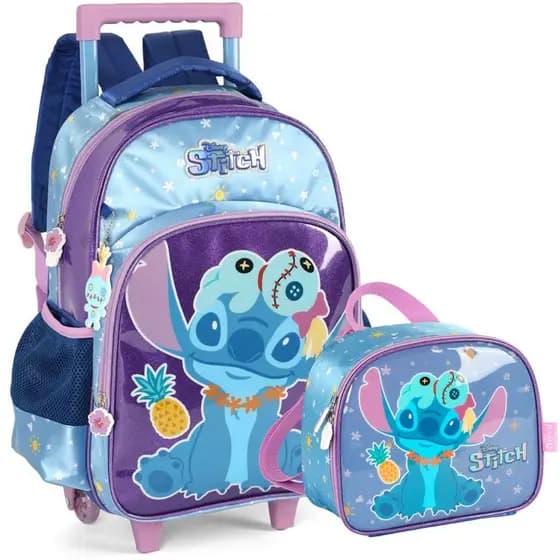 Kit Mochila Rodinhas Infantil Lancheira Escolar Stitch Scrump Disney Violeta Luxcel