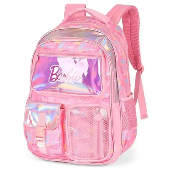 Mochila Costas Juvenil Barbie Holográfica Feminina Rosa Luxcel