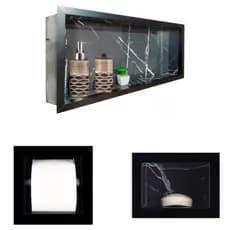 Kit 3 Peças Embutir Porcelanato Preto Rajado Branco Nicho, Saboneteira e Porta Papel Higiênico Simples