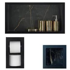 Kit 3 Peças Embutir Porcelanato Nicho, Saboneteira e Porta Papel Higiênico Duplo Preto Rajado Dourado