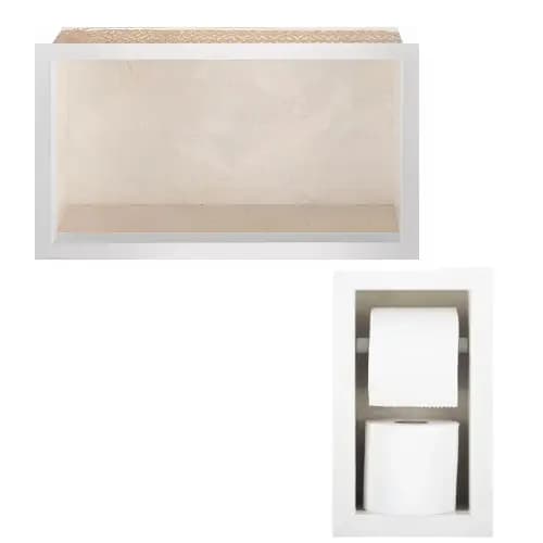 Kit Nicho + Porta Papel Higiênico Duplo Porcelanato Bege Borda Branca Banheiro Embutir