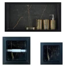 Kit 3 Peças Embutir Porcelanato Nicho, Saboneteira e Porta Papel Higiênico Simples Preto Rajado Dourad