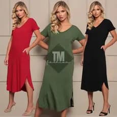 Vestido Feminino Midi Camisão com Bolso Viscolycra Saruel Gola V