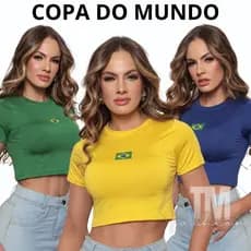 Cropped Feminino Brasil Core Estampa Bandeira Copa do Mundo Slim Plus Size