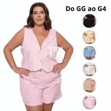 Shorts Alfaiataria Plus Size Cintura Alta Social Com Bolso Zíper e Botão Feminino