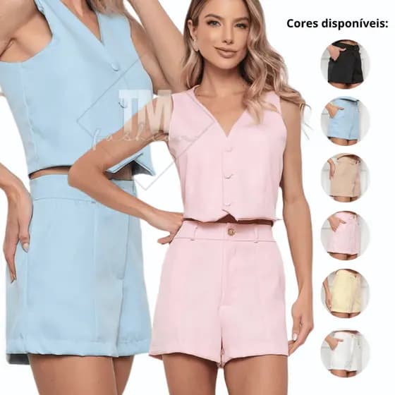 Shorts Feminino Alfaiataria Cintura Alta Social Com Bolso