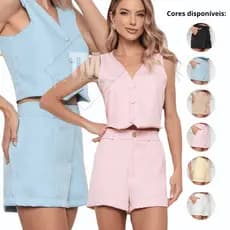 Shorts Feminino Alfaiataria Cintura Alta Social Com Bolso