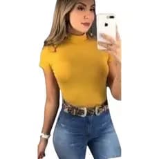 Blusa Gola Alta Manga Curta Canelada Camiseta Feminina Roupa Super Fashion