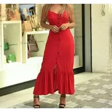 Vestido Longo Com Botão E Bojo Alcinha Ajustável Roupa Babado Feminino Muito Lindo