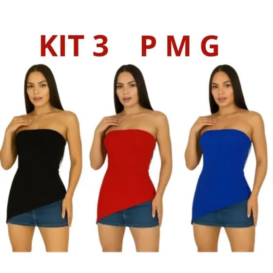 Kit 3 Tomara que Caia Com Bojo Assimétrica Blusinha Malha Canelada Ribana Fenda Lascado Lado Regata Charmosa Elegante
