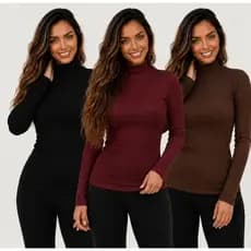 Kit 3 Blusinha Frio Manga Longa Feminina Gola Alta Cacharel Ribana Canelada Roupa Básica Moda Aconchegante Frio