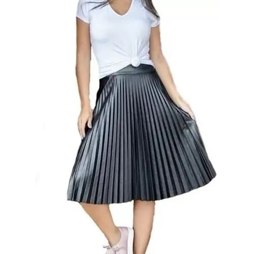 Saia Midi Plissada Cirrê Couro Fake Moda Secretária Roupa Evangélica Feminina Top