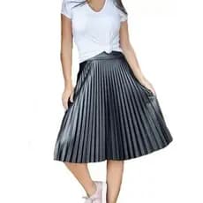 Saia Midi Plissada Cirrê Couro Fake Moda Secretária Roupa Evangélica Feminina Top