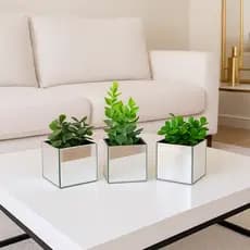 Kit 3 vasinhos espelhados com plantinhas artificiais folhagem decorativa luxo