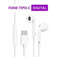 Fone de Ouvido Digital Tipo C  USB-C Controle de Volume e Microfone Som Estéreo de Alta Qualidade