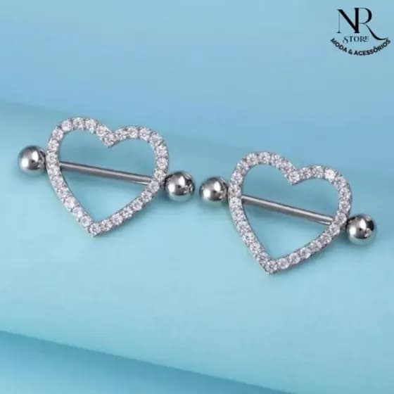 Piercing Mamilo Modelos Coração Barbell Redondo Cravejado com Zirconia Cristal