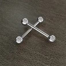 Piercing de Barbell Mamilo de Aço inoxidável com 2 Pedra Zircônia Strass Diamante Prata