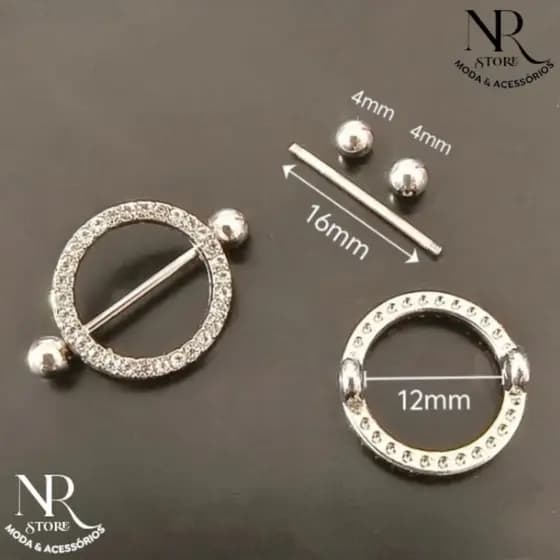 Piercing Mamilo Modelo Redondo Cravejado com Zircônia