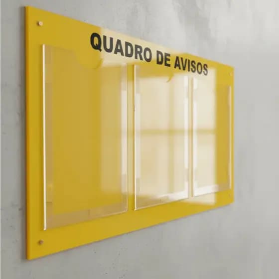 Quadro Aviso Gestão Á Vista Painel Informativo Mural Recados 3 Displays A4 ACM Amarelo Porta Folha