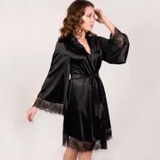 Robe Cetim Preto Com Renda