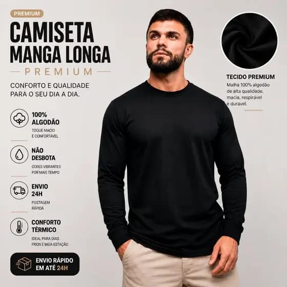 Camiseta Manga Longa Masculina Com Punho 100% Algodão