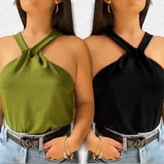 Kit 2 Blusas Feminina Elegante Nó Gola Transpassada Regata Tecido Duna Moda Blogueira Tendencia