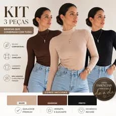 Kit 3 Blusas Femininas Caneladas Gola Alta Manga Longa – Básicas Premium Não | Look Elegante e Versátil