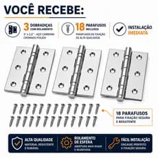 Kit com 3 Conjunto Dobradiça Cromada 3"x2,5" Blindado Duplo Rolamento Porta de Madeira, Janela, ACM