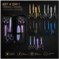 Kit 3 Tesoura + Navalhete Profissional Com Case Desfiadeira Fio Navalha Curva