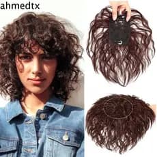 AHMEDTXB Milho Encaracolado Franja Extensões De Cabelo Sintético Natual Perucas Feminino Marrom Topper Falso Pedaço