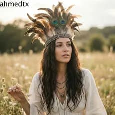 Coroa De Penas Indianas AHMEDTXB , Faixa De Cabeça Indiana Colorida , Cocar De Fantasia De Pavão Fascinator