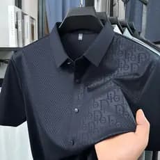 Camisa POLO masculina de verão de seda gelo de manga curta pai de meia-idade sensação legal lapela camisa POLO masculina