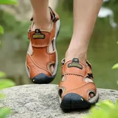 Sandálias masculinas para caminhadas ao ar livre, sapatos antiderrapantes, sola macia, couro genuíno, à prova d'água, sa