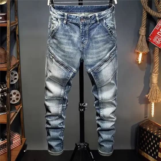Homens Jeans na moda All-Match fino-ajuste Street Wear High-End lavado estiramento americano Retro motocicleta pés longo
