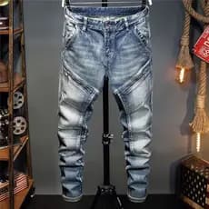 Homens Jeans na moda All-Match fino-ajuste Street Wear High-End lavado estiramento americano Retro motocicleta pés longo
