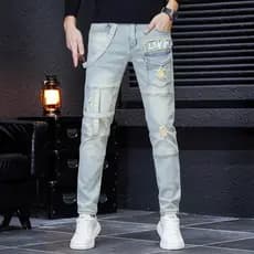 Primavera outono impresso fita decorativa costura borda crua luz azul estiramento versão coreana rasgado Denim calças ma