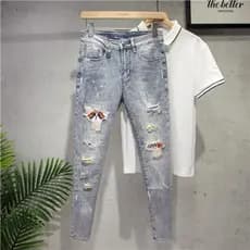 Elástico rufião bonito laca ponto rasgado Jeans masculino remendo na moda All-Match Casual fino ajuste tornozelo comprim