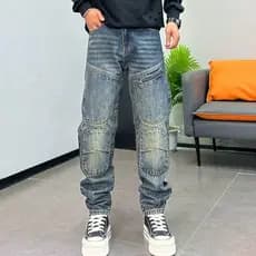 Americano Casual costura Jeans masculino solto na moda lavado Retro zíper decoração angustiado calças retas 26.6.8