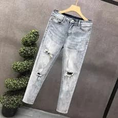 High-End rasgado magro-ajuste Jeans masculino verão lavado azul tornozelo comprimento calças masculinas Street Wear na m