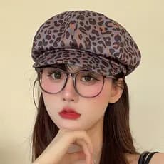Chapéu Octogonal Com Estampa De Leopardo , Boina Feminina De Poliéster , Estilo Coreano Britânico Y2K Pintor Me