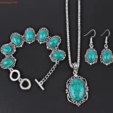 HUIJIANG 4 Pçs/Set Boho Turquesa Conjunto De Jóias , Liga Vintage Colar Pulseira Brincos , Estilo Euramerican